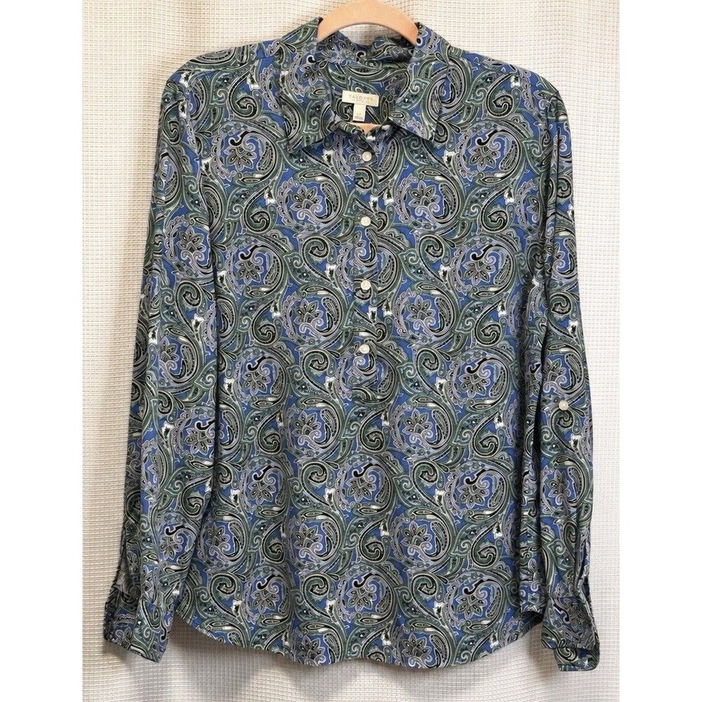 Talbots Petites LP Blue Green Paisley Tencel Lyocell Button Front Blouse